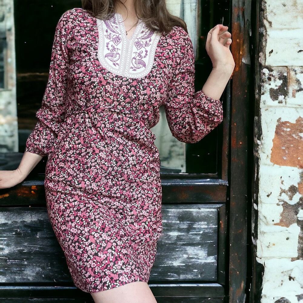 Vintage 60s Prairie Mini Dress | Embroidered Romantic Peacock Floral Dress | S/M